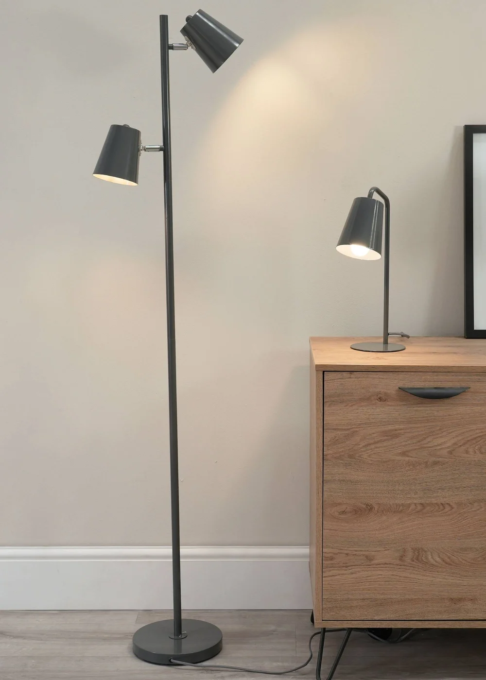 ValueLights Bibi Gloss Grey Floor Lamp with Grey Tapered Shade - One Size Image 2