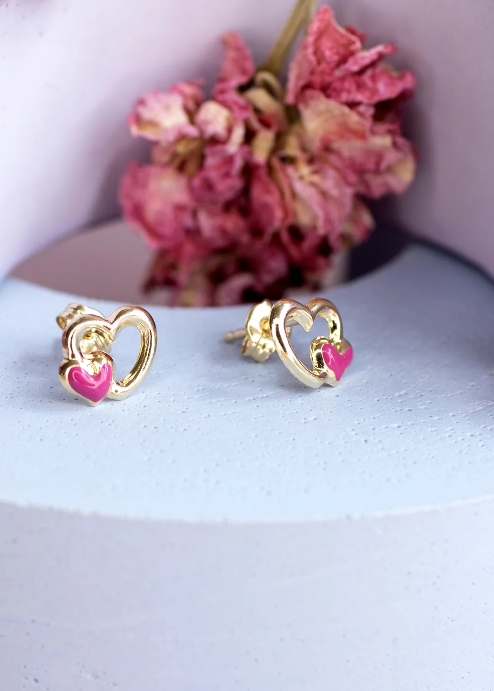 Golden Moments 9ct Yellow Gold Pink Enamel Double-Heart Stud Earrings - One Size Image 2