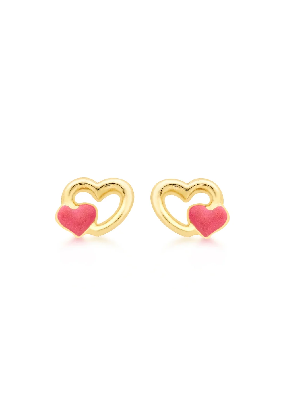 Golden Moments 9ct Yellow Gold Pink Enamel Double-Heart Stud Earrings - One Size Image 1