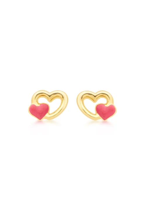 Golden Moments 9ct Yellow Gold Pink Enamel Double-Heart Stud Earrings - One Size Image 1