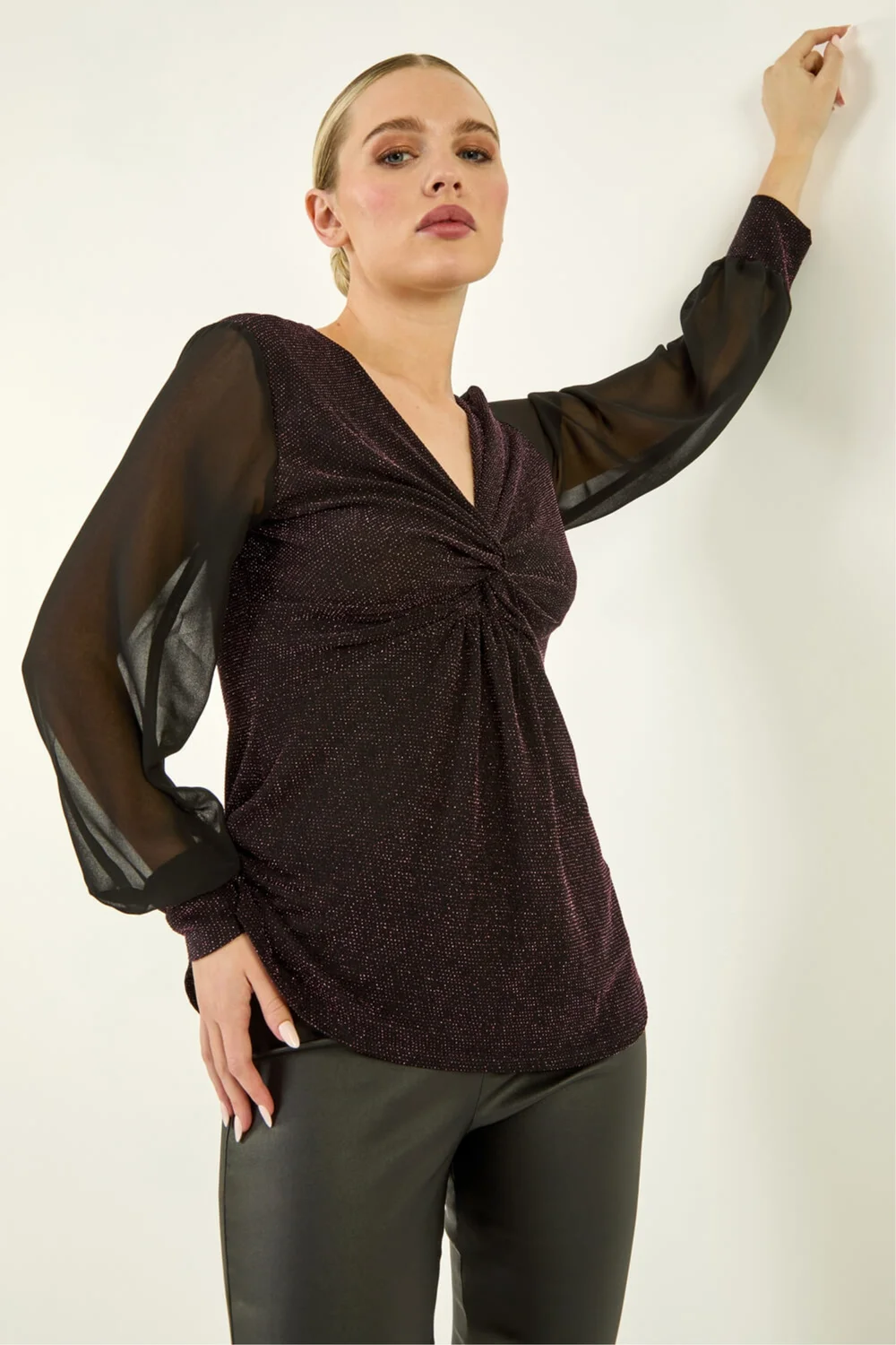 Roman Pink Petite Twist Front Chiffon Sleeve Stretch Top - 16 Image 1