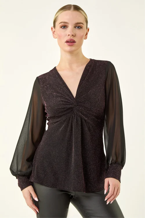 Roman Pink Petite Twist Front Chiffon Sleeve Stretch Top - 16 Image 4
