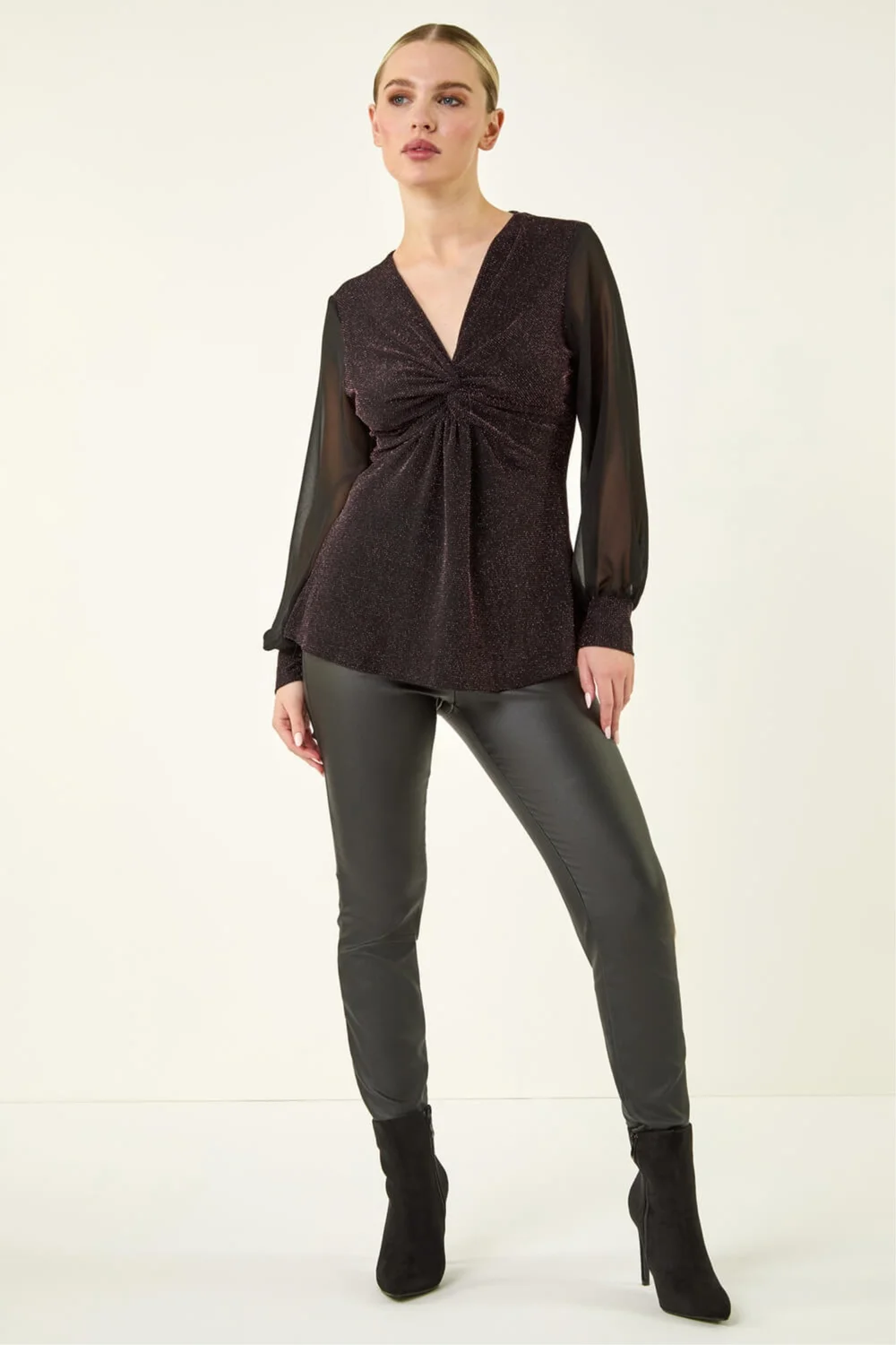 Roman Pink Petite Twist Front Chiffon Sleeve Stretch Top - 16 Image 2