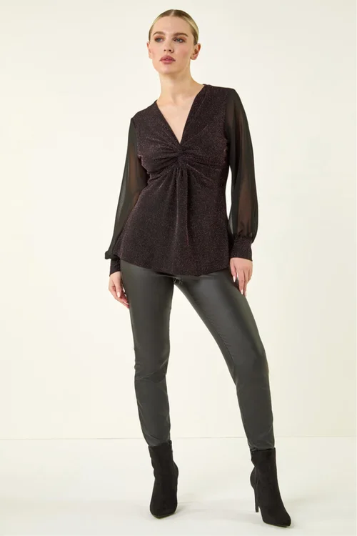 Roman Pink Petite Twist Front Chiffon Sleeve Stretch Top - 16 Image 2