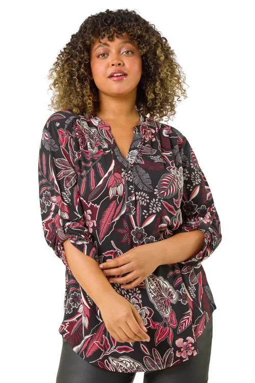 Roman Red Curve Floral Print V-Neck Stretch Shirt - Size 18 Image 1