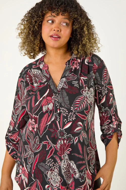 Roman Red Curve Floral Print V-Neck Stretch Shirt - Size 18 Image 4