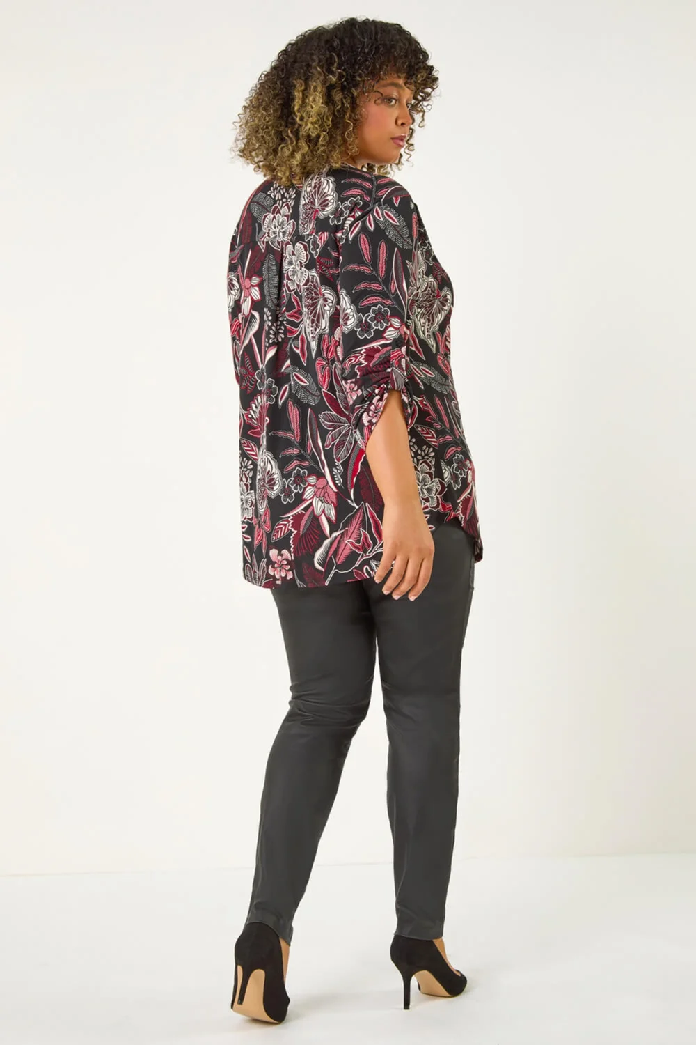 Roman Red Curve Floral Print V-Neck Stretch Shirt - Size 18 Image 3