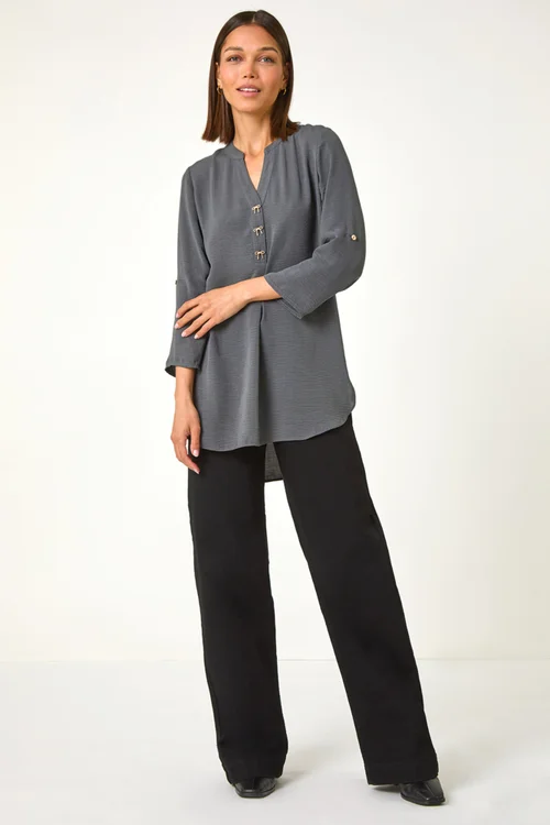 Roman Grey Longline Bow Button Woven Top - 10 Image 4