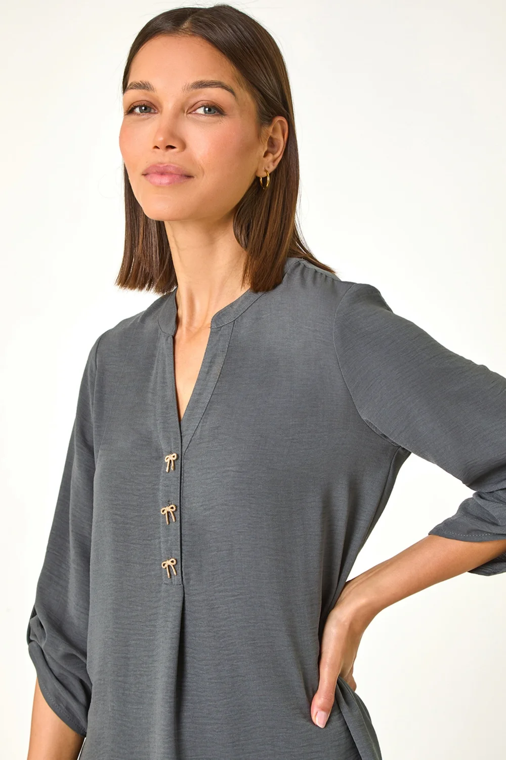 Roman Grey Longline Bow Button Woven Top - 10 Image 2