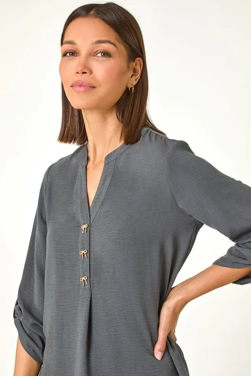 Roman Grey Longline Bow Button Woven Top - 10 Image 2