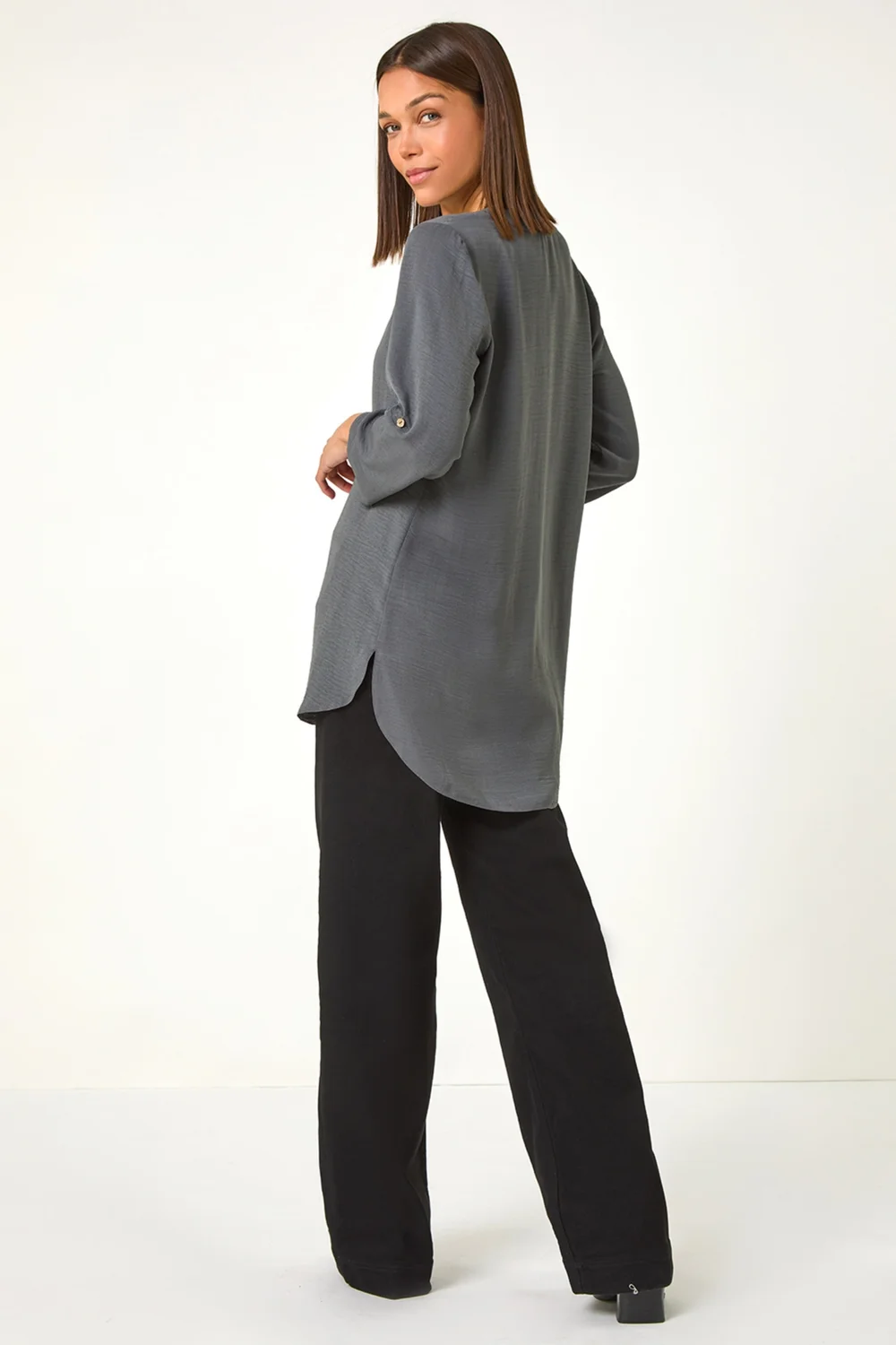 Roman Grey Longline Bow Button Woven Top - 10 Image 3