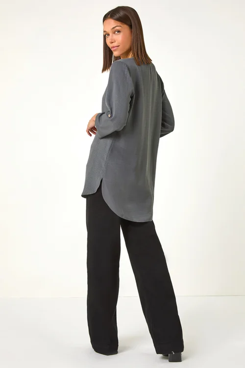 Roman Grey Longline Bow Button Woven Top - 10 Image 3