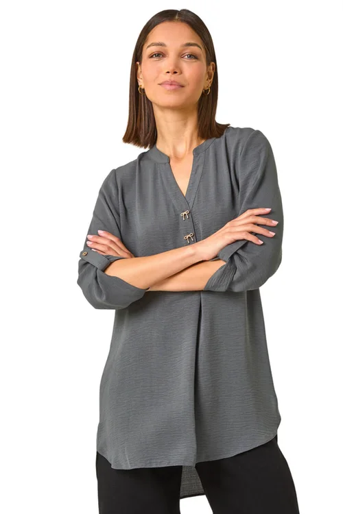 Roman Grey Longline Bow Button Woven Top - 10 Image 1
