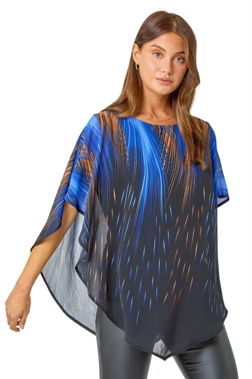Roman Blue Abstract Stretch Chiffon Overlay Top - Size 14 Image 1