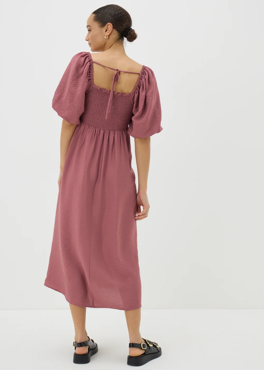 Pink Shirred Puff Sleeve Midi Dress - 8 Image 2