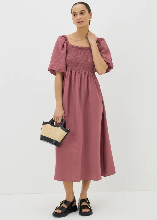 Pink Shirred Puff Sleeve Midi Dress - 8 Image 1