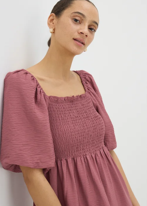 Pink Shirred Puff Sleeve Midi Dress - 8 Image 3