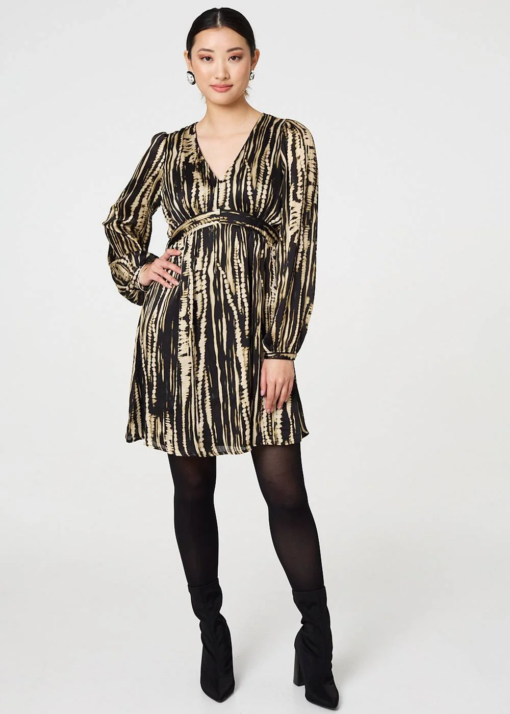 Izabel London Black Abstract Long Sleeve Empire Mini Dress - 8 Image 4