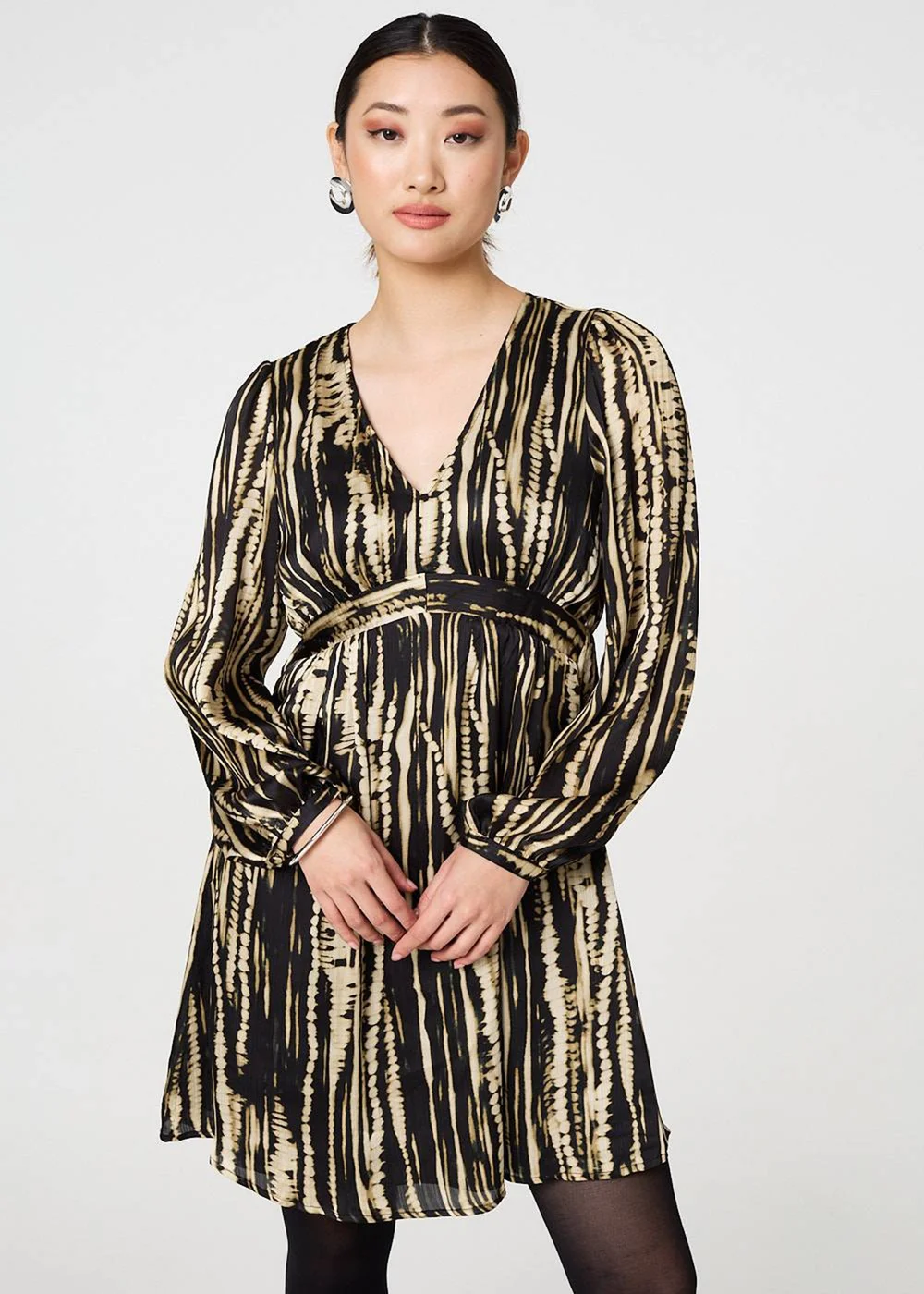 Izabel London Black Abstract Long Sleeve Empire Mini Dress - 8 Image 1