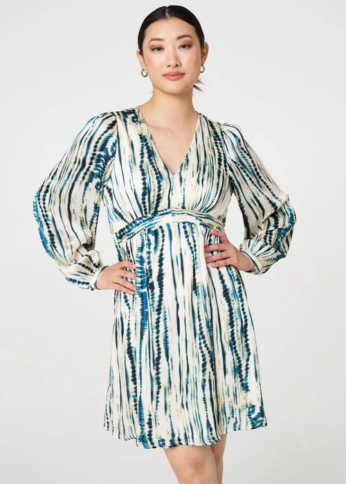 Izabel London Teal Abstract Long Sleeve Empire Mini Dress - 8 Image 1
