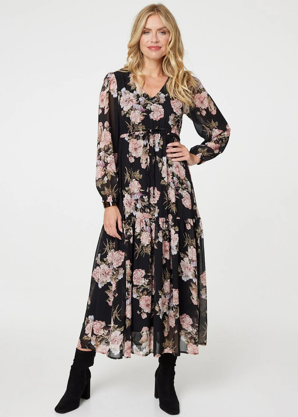 Izabel London Black Floral Semi Sheer Empire Waist Midi Dress - 8 | Matalan Izabel London Black Floral Semi Sheer Empire Waist Midi Dress - 8 | Matalan