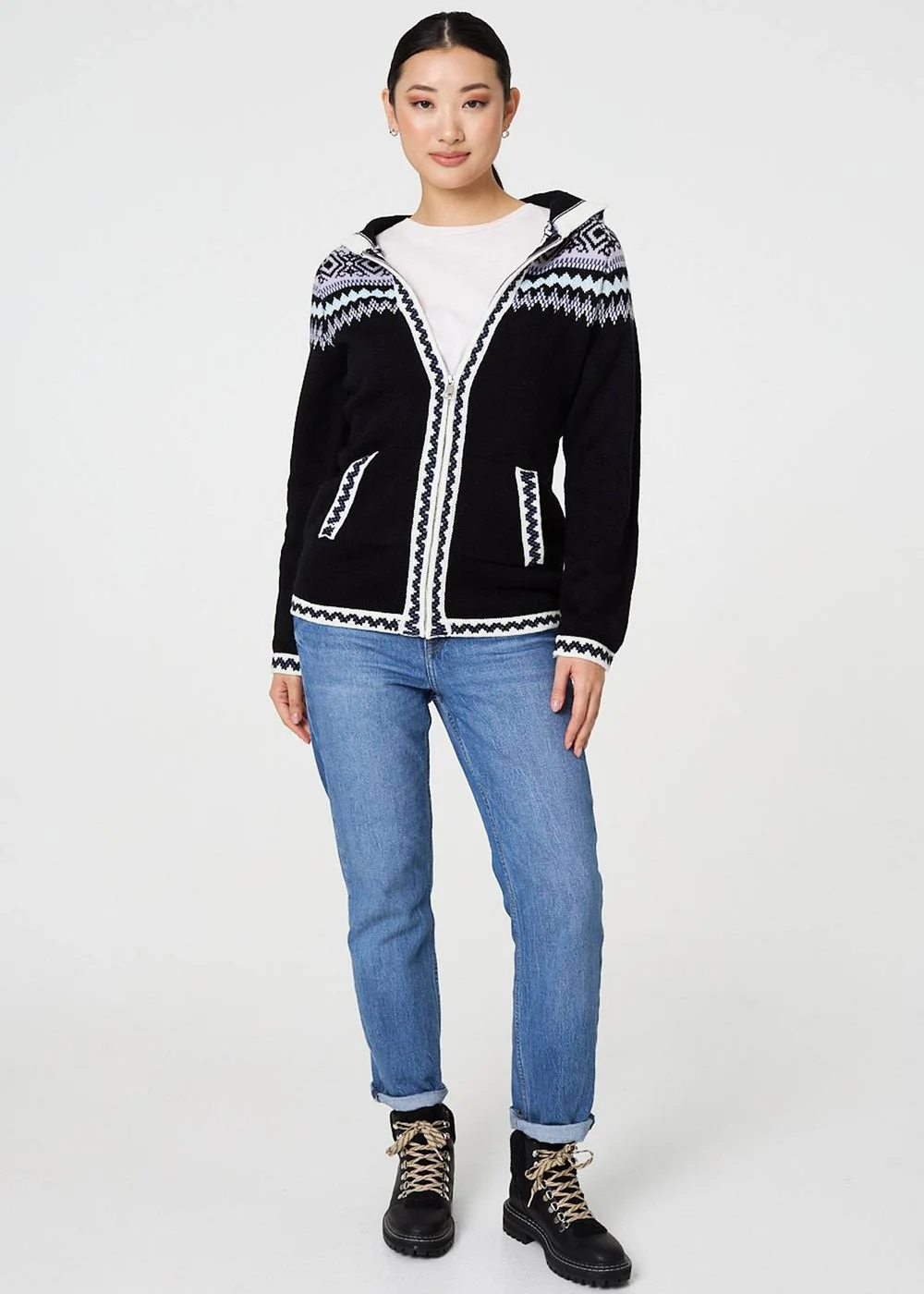 Izabel London Black Ikat Print Zip Front Hooded Jumper - 8 Image 4
