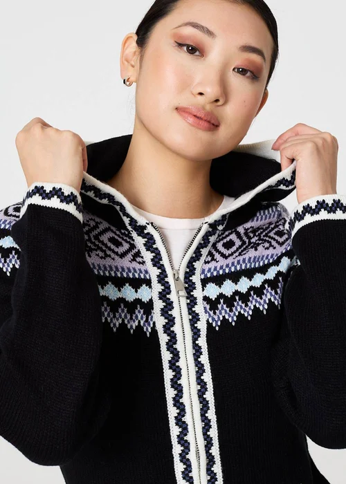 Izabel London Black Ikat Print Zip Front Hooded Jumper - 8 Image 3