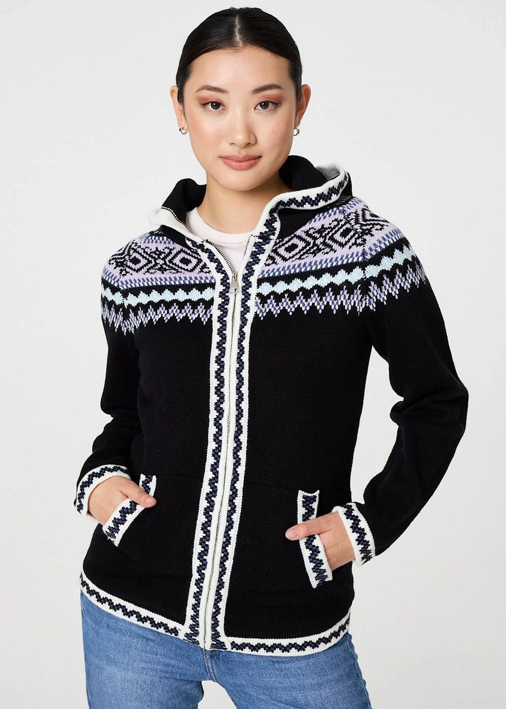 Izabel London Black Ikat Print Zip Front Hooded Jumper - 8 Image 1