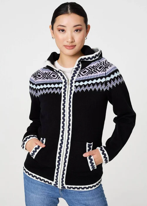 Izabel London Black Ikat Print Zip Front Hooded Jumper - 8 Image 1