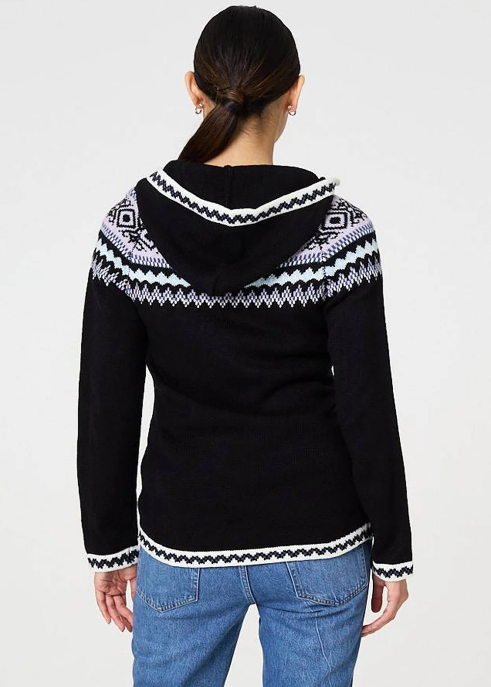 Izabel London Black Ikat Print Zip Front Hooded Jumper - 8 Image 2