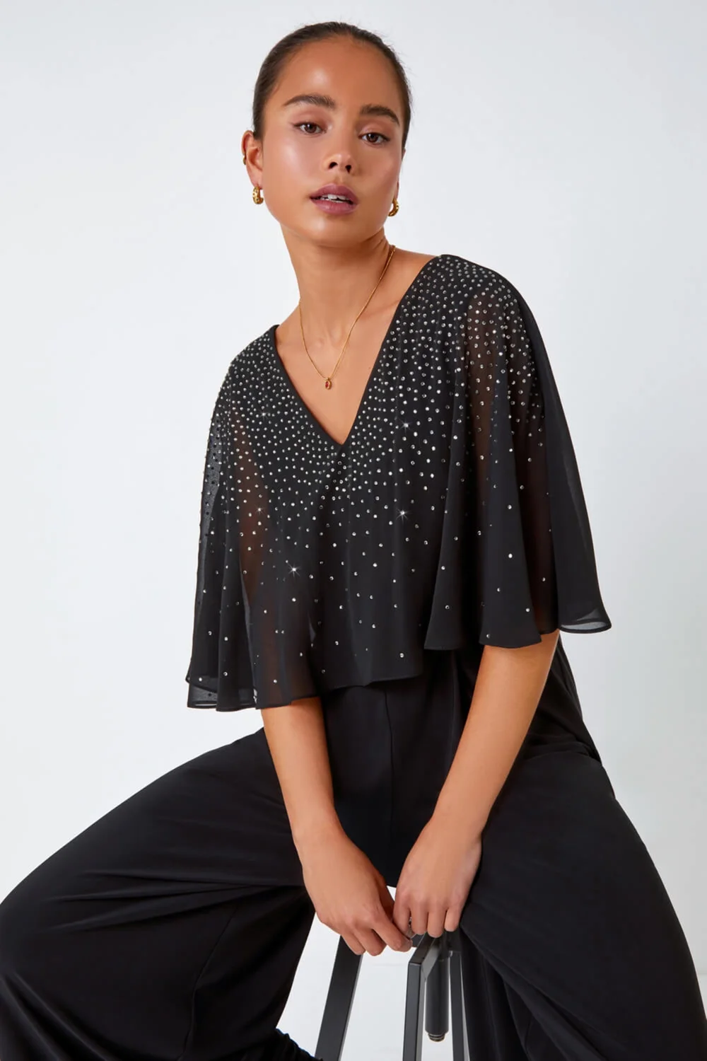 Roman Black Petite Embellished Overlay Stretch Jumpsuit - Size 22 Image 2