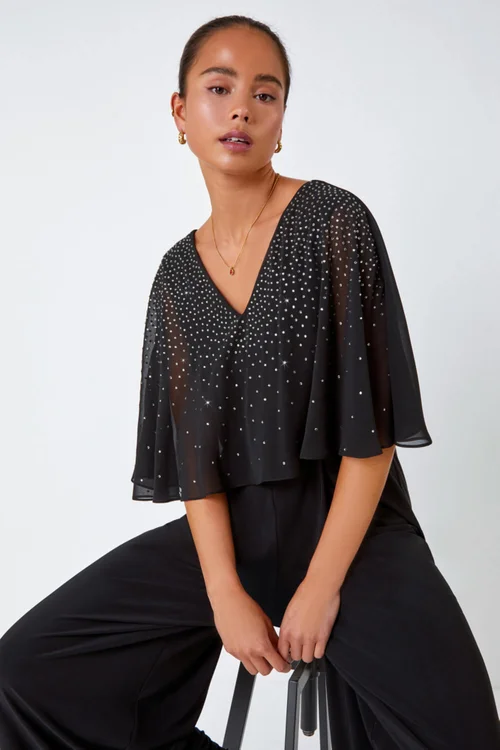 Roman Black Petite Embellished Overlay Stretch Jumpsuit - Size 22 Image 2