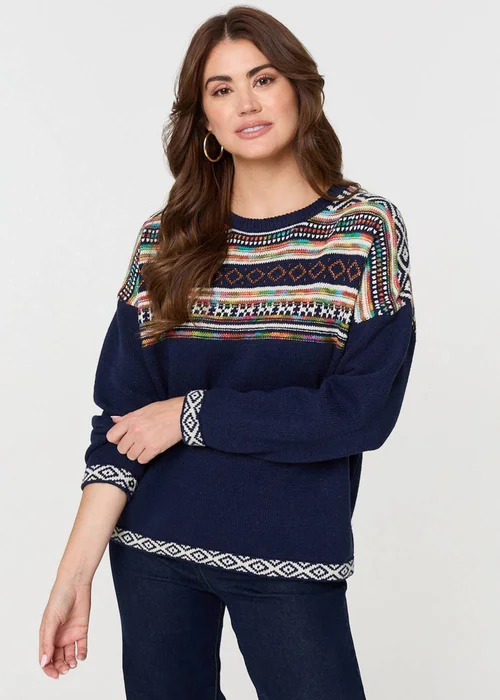 Izabel London Navy Ikat Print Drop Shoulder Jumper - 8 Image 1