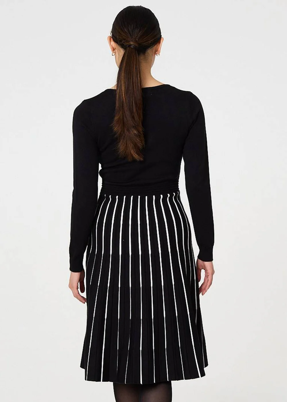 Izabel London Black Striped Pleat Skirt Knitted Midi Dress - 8 Image 2