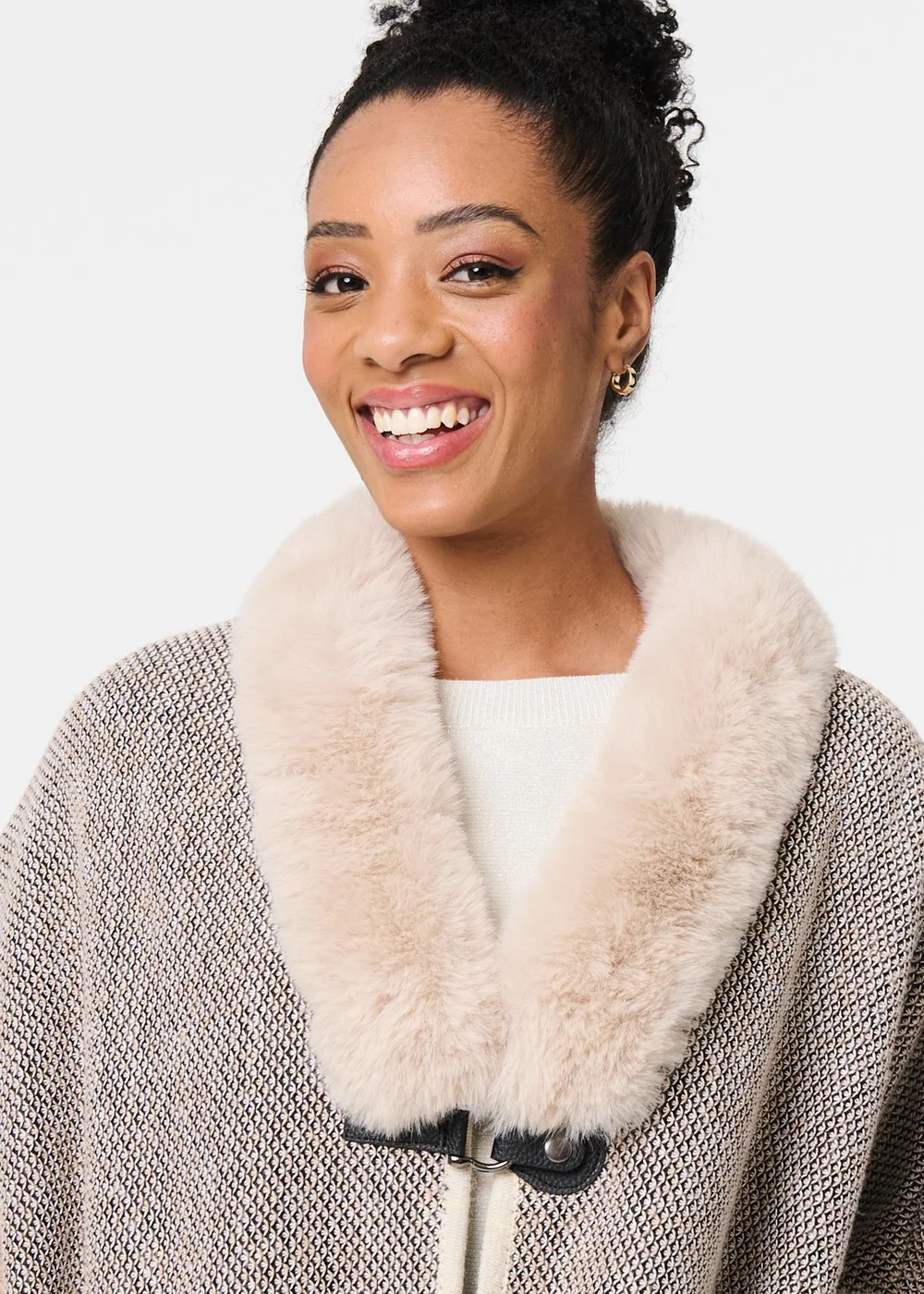 Izabel London Beige Faux Fur Trim Buckled Poncho - One Size Image 3