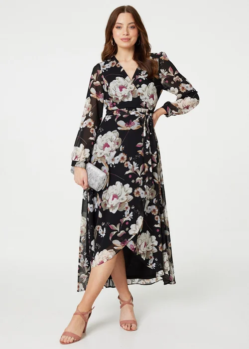 Izabel London Black Floral Long Sleeve Tie Waist Wrap Midi Dress - 8 Image 1