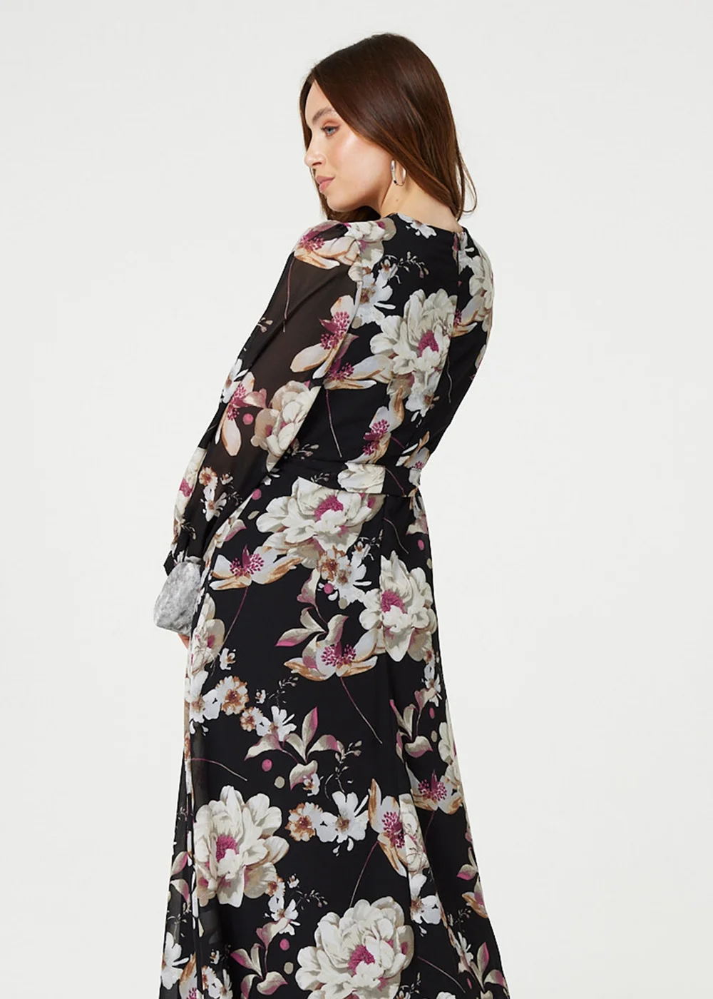 Izabel London Black Floral Long Sleeve Tie Waist Wrap Midi Dress - 8 Image 2