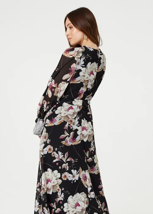 Izabel London Black Floral Long Sleeve Tie Waist Wrap Midi Dress - 8 Image 2