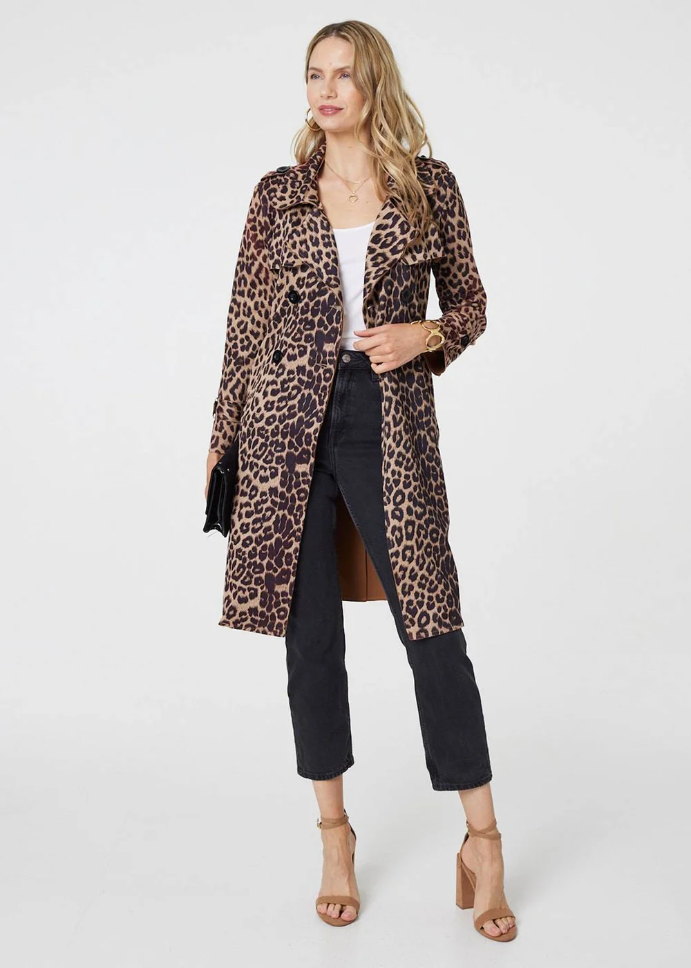 Izabel London Beige Leopard Print Double Breasted Trench Coat - 8 Image 1