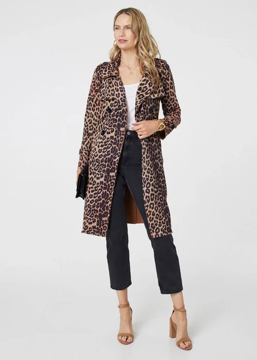 Izabel London Beige Leopard Print Double Breasted Trench Coat - 8 Image 1