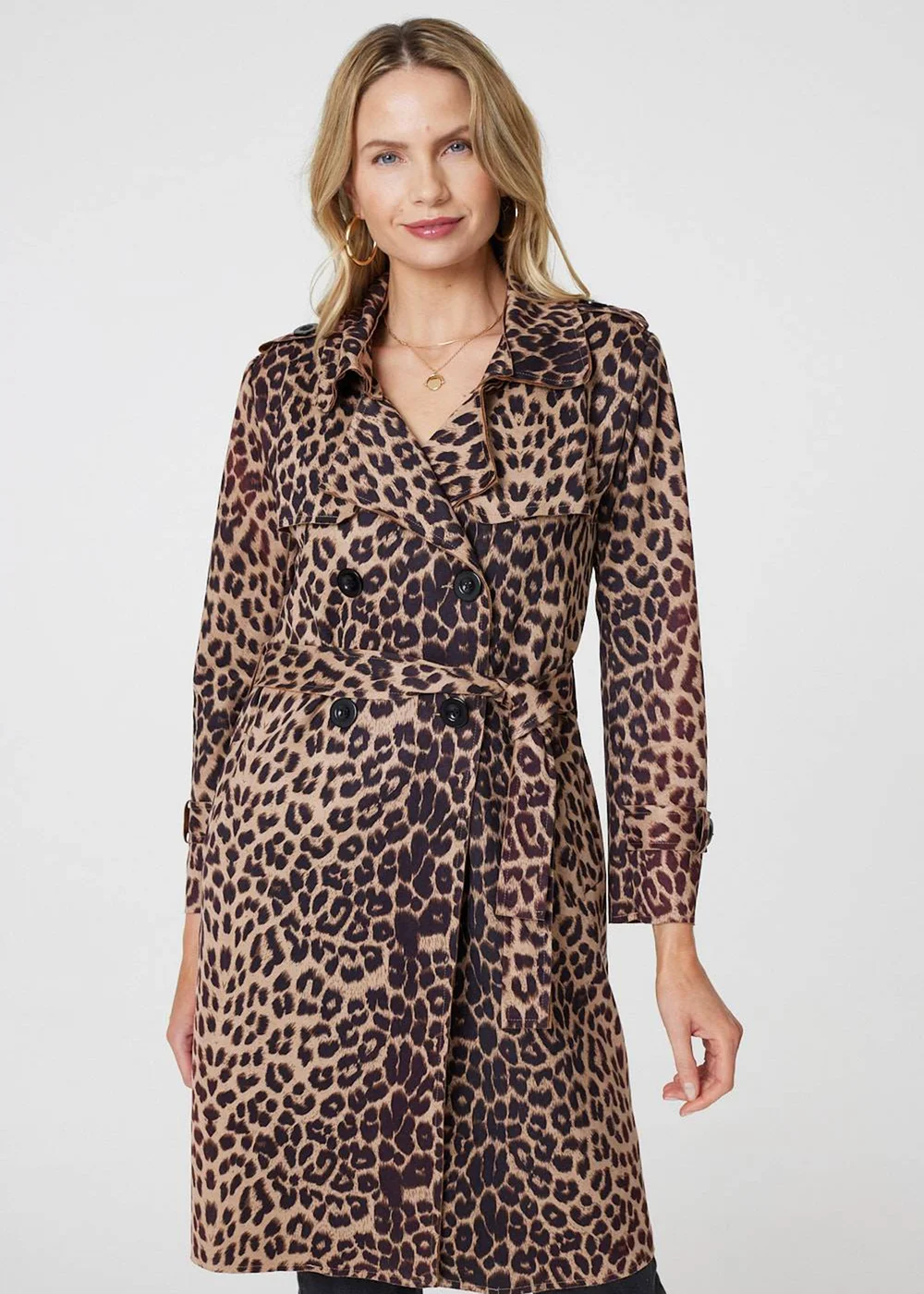 Izabel London Beige Leopard Print Double Breasted Trench Coat - 8 Image 4