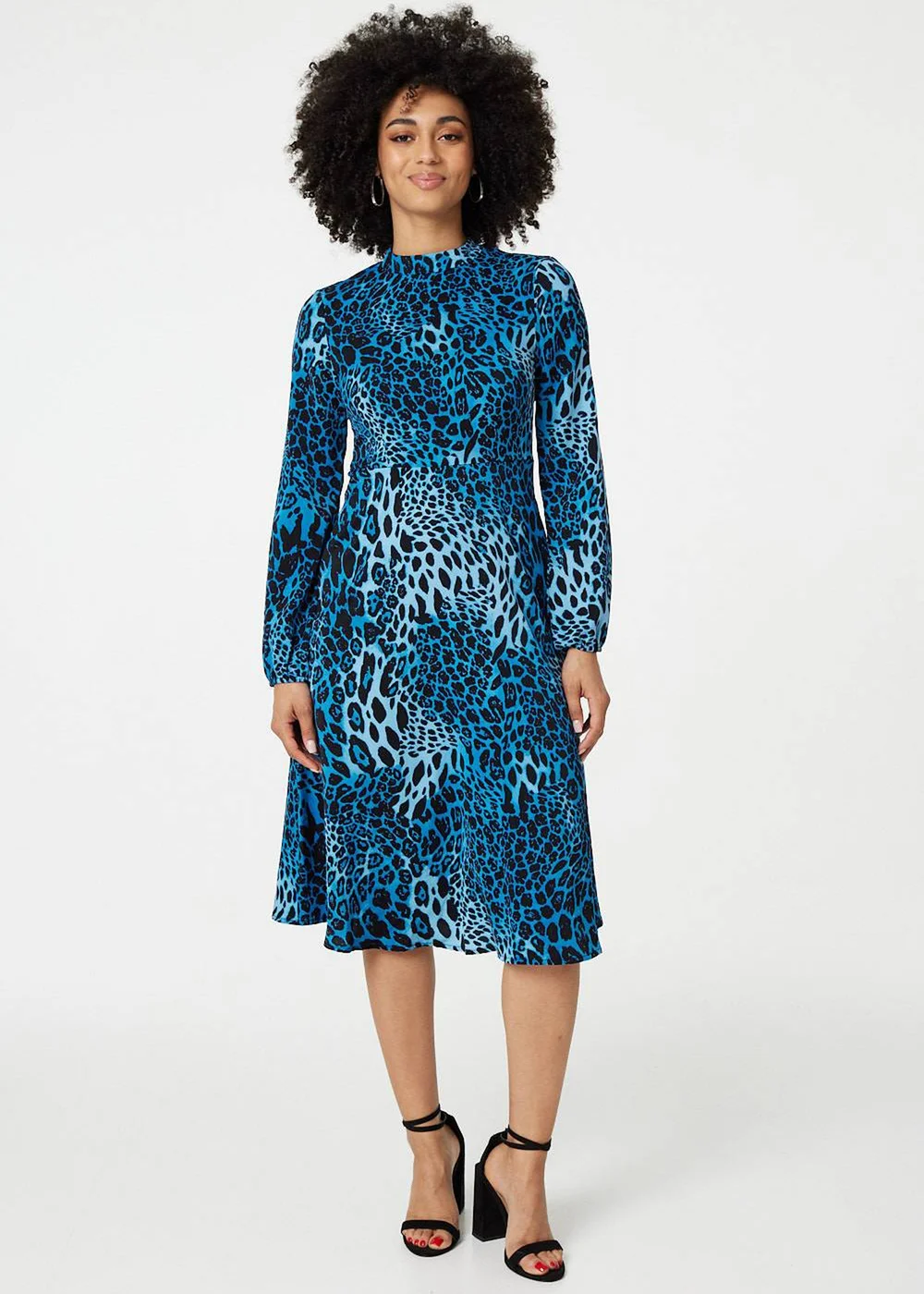 Izabel London Blue Leopard Print Long Sleeve Mini Dress - 12 | Matalan Izabel London Blue Leopard Print Long Sleeve Mini Dress - 12 | Matalan