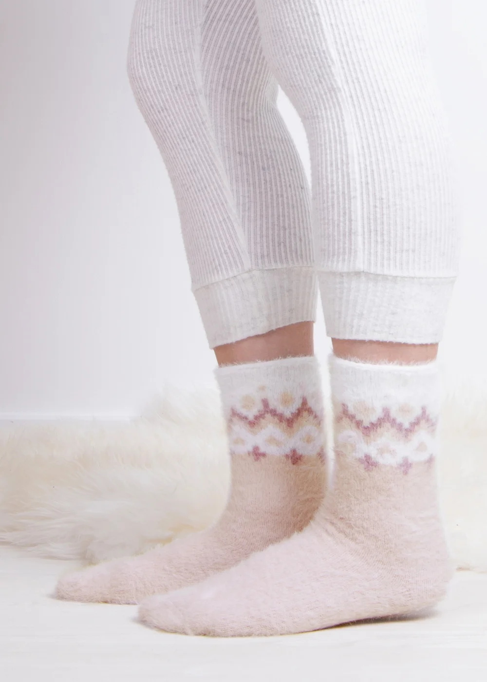 Totes Toasties Pink Ladies Fair Isle & Chenille Supersoft Bed Socks (Twin Pack) - One Size Image 2