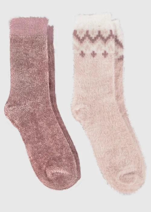 Totes Toasties Pink Ladies Fair Isle & Chenille Supersoft Bed Socks (Twin Pack) - One Size Image 1