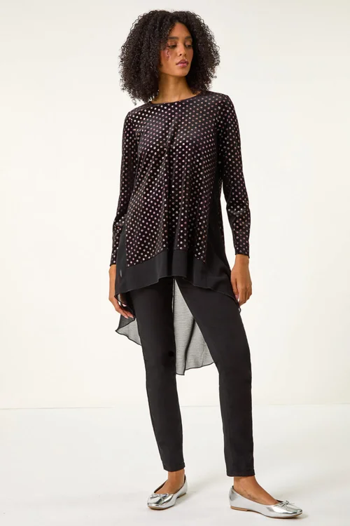 Roman Rose Glitter Spot Print Chiffon Hem Tunic Top - 10 Image 3