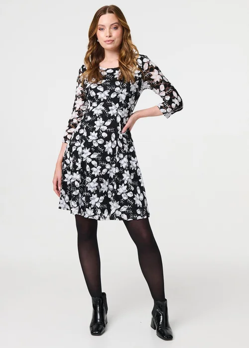 Izabel London Black Floral Lace Short Swing Dress - 8 Image 1