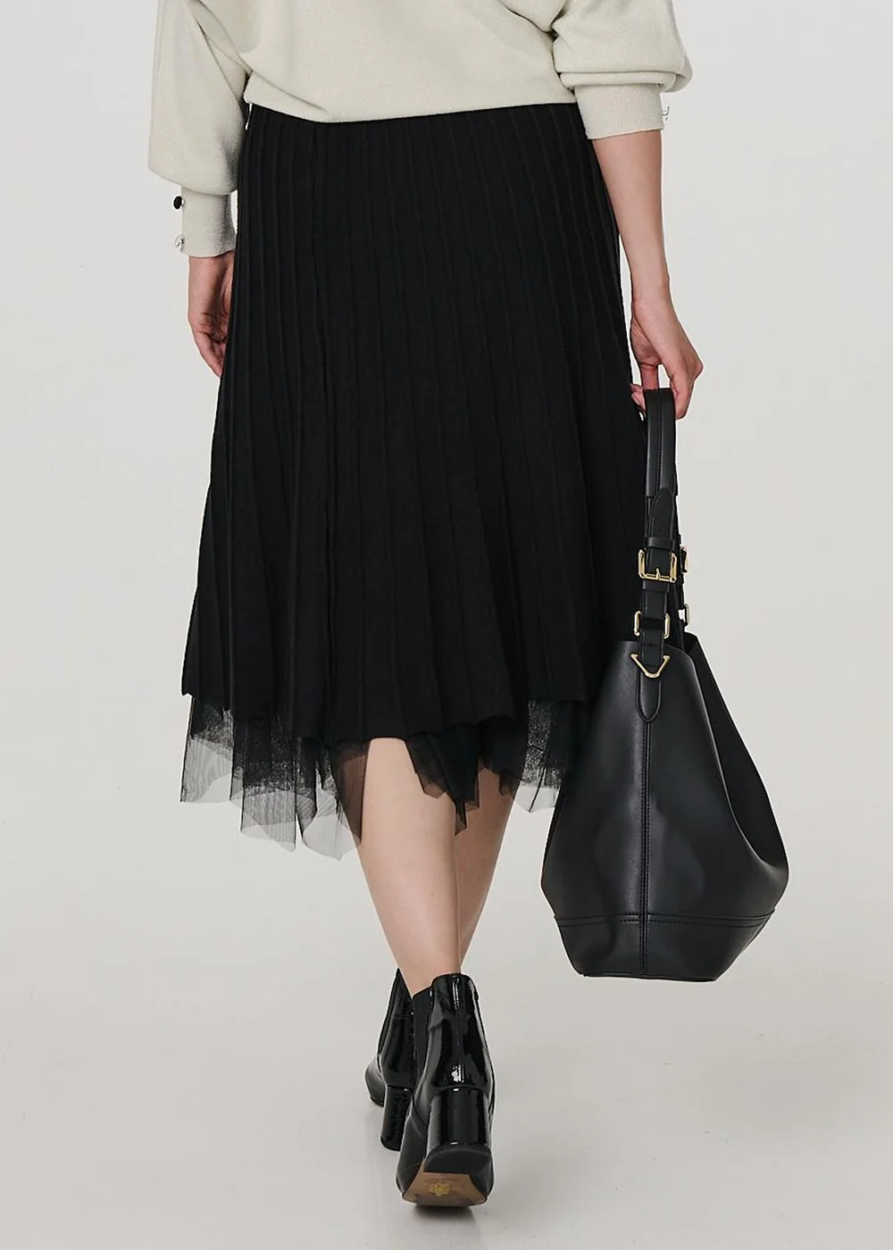 Izabel London Black Reversible Hanky Hem Mesh & Knit Midi Skirt - Size 8 Image 3