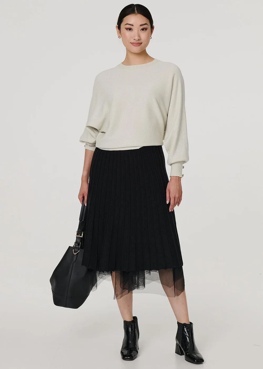 Izabel London Black Reversible Hanky Hem Mesh & Knit Midi Skirt - Size 8 Image 1