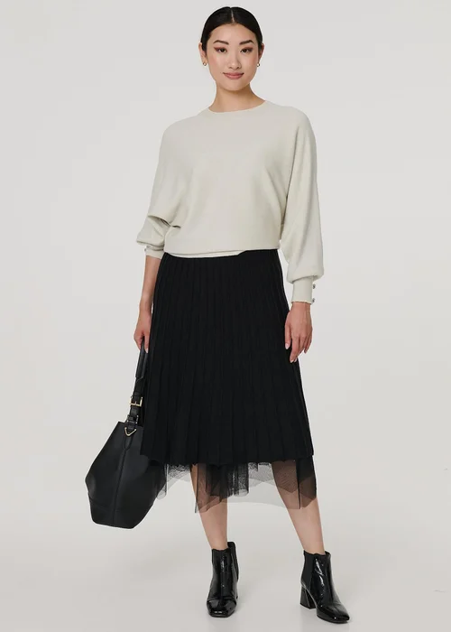 Izabel London Black Reversible Hanky Hem Mesh & Knit Midi Skirt - Size 8 Image 1