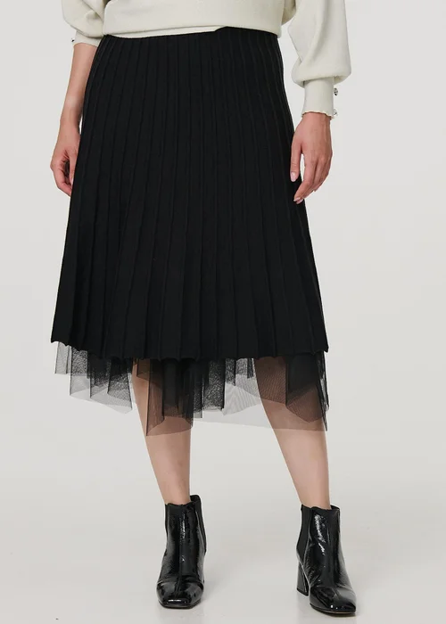 Izabel London Black Reversible Hanky Hem Mesh & Knit Midi Skirt - Size 8 Image 4